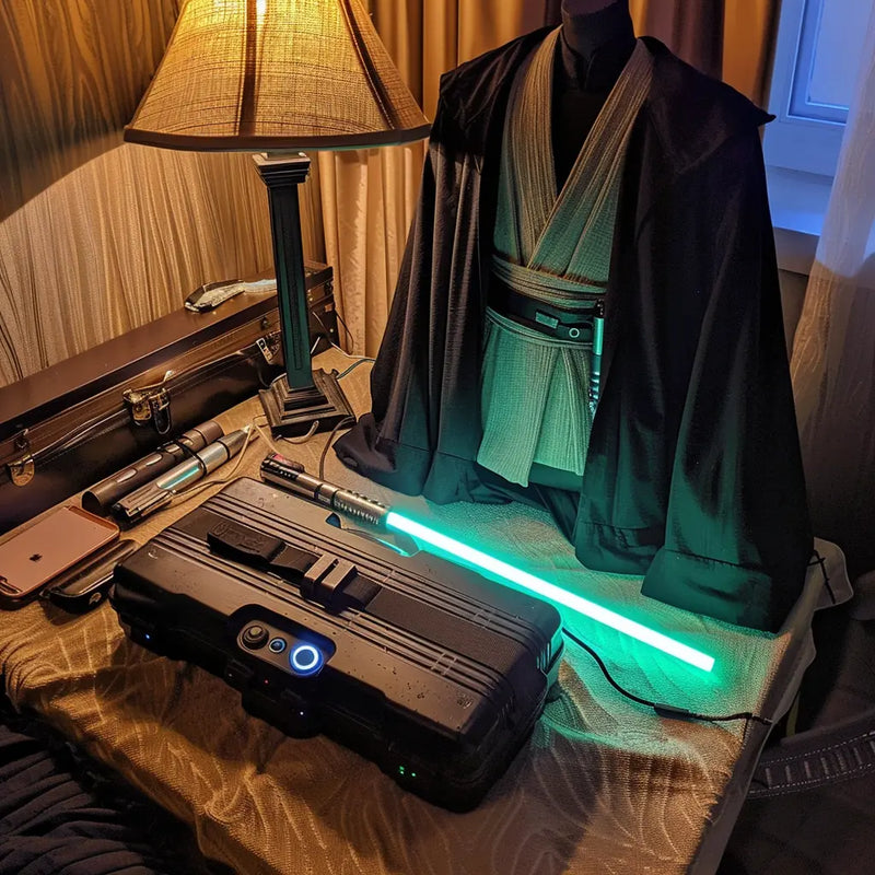 lightsaber outfit with a lightsaber and a case on a table