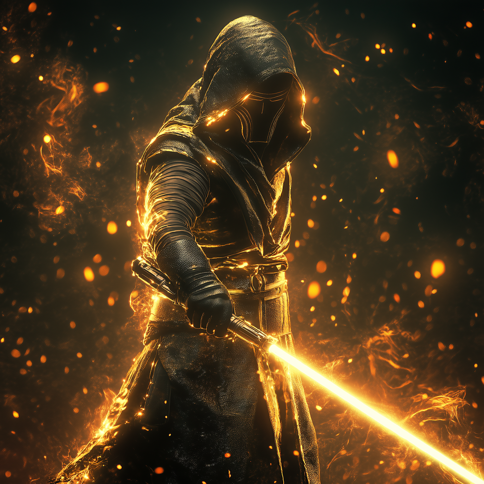 hooden man holding orange lightsaber with flames